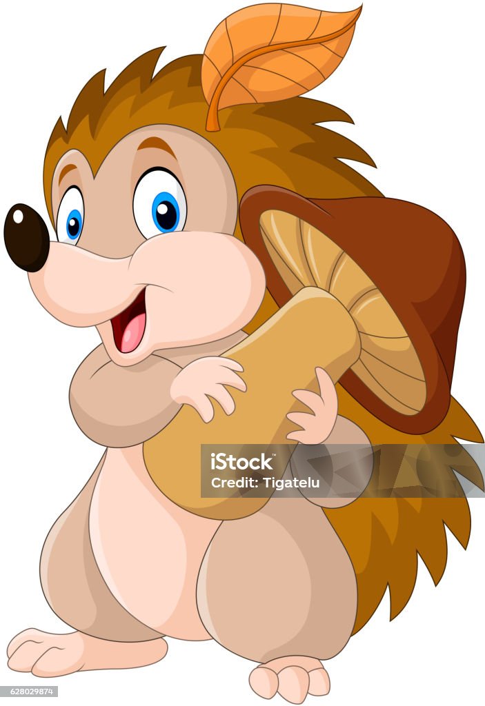 Cute baby hedgehog holding mushroom illustration of Cute baby hedgehog holding mushroom Hedgehog stock vector