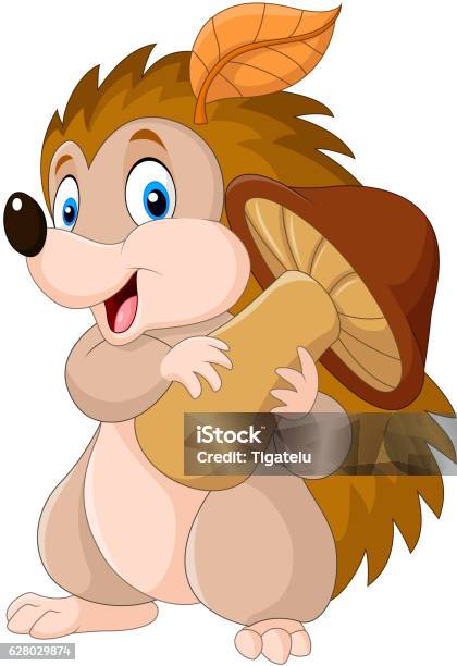 Cute Baby Hedgehog Holding Mushroom Stock Illustration - Download Image Now - Hedgehog, Animal, Animal Body Part