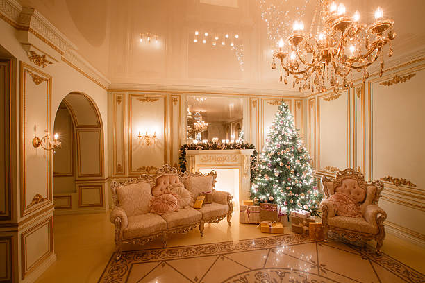 istock Calm image of interior Classic New Year Tree decorated in 628036552