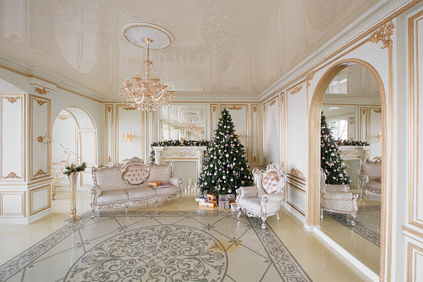 istock Calm image of interior Classic New Year Tree decorated in 628036780