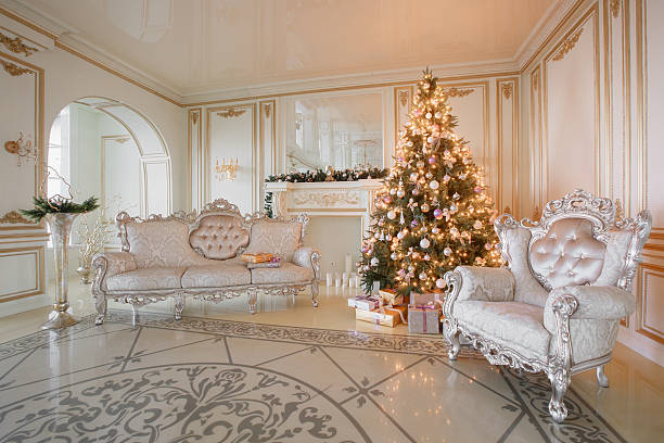 istock Calm image of interior Classic New Year Tree decorated in 628036868