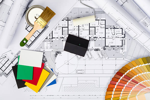 istock Construction plans with whitewashing Tools,Colors Palette and Mi 628038166