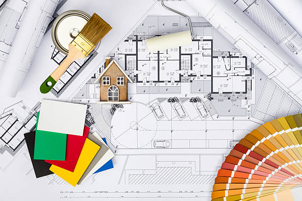 Construction plans with whitewashing Tools,Colors Palette and Mi stock photo