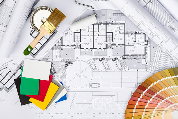 istock Construction plans with whitewashing Tools and Colors Palette on 628039044