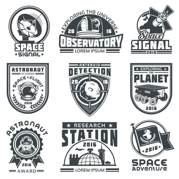 Set of vector badges space. Set of vector badges of space. Elements of design, badges, logo and emblem on a white background. The concept of space travel astronaut badge stock illustrations