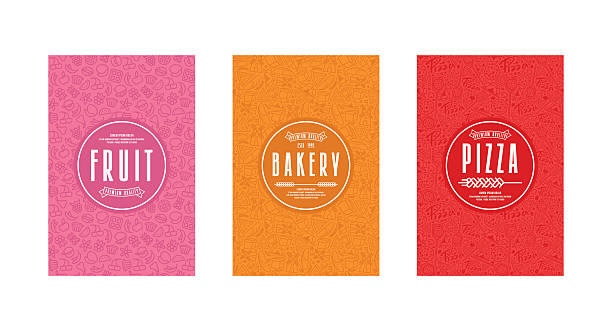 Set of template labels for bakery, pizza, fruit Set of seamless pattern and template labels for bakery, pizza, fruit pizza designs stock illustrations