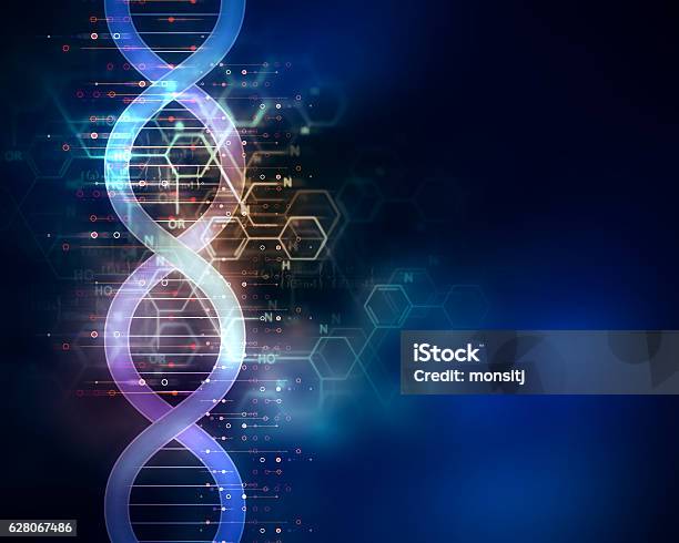 Molecole Di Dna Su Sfondo Tecnologico Astratto - Fotografie stock e altre immagini di DNA - DNA, Biotecnologia, Modello della doppia elica