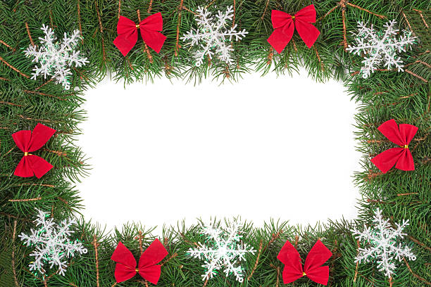 istock Christmas frame made of fir branches decorated with bows and 628067604