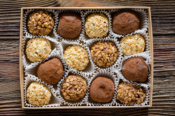 istock Sweet chocolate truffles in carton box 628069794