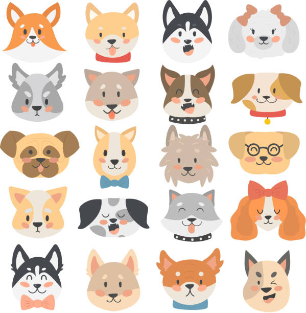 illustrazioni stock, clip art, cartoni animati e icone di tendenza di cani testa emoticon set vettoriale. - antropomorfo