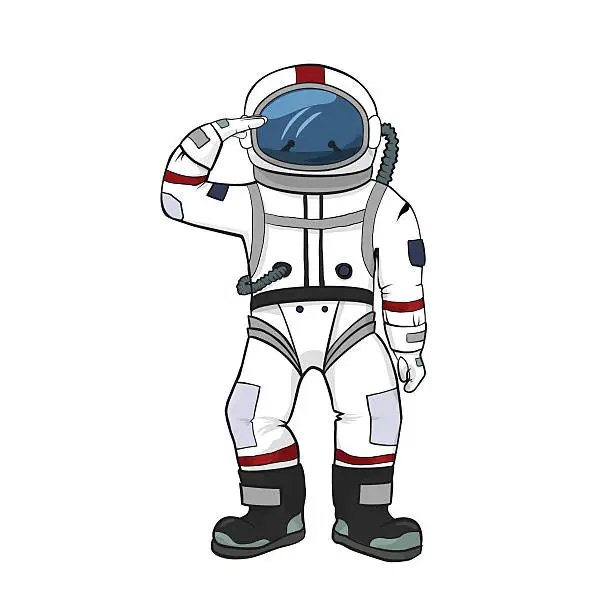Vector illustration of Astronaut salutes white background isolated. Spacesuit color illustration. Spaceman equipment