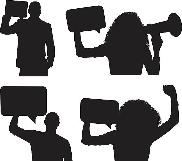 ilustrações de stock, clip art, desenhos animados e ícones de people holding speech bubble - cheering men shouting silhouette