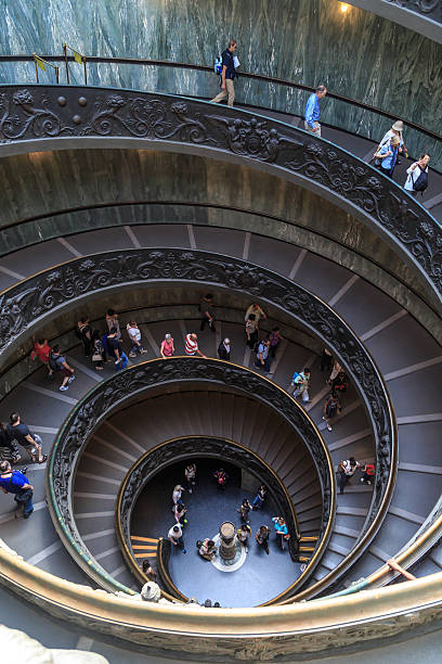 Rome, Italy - September 25, 2016 : Top view of famous stairs with round shape at Vatican Museum. Vatican is the smallest sovereign state in the world.
