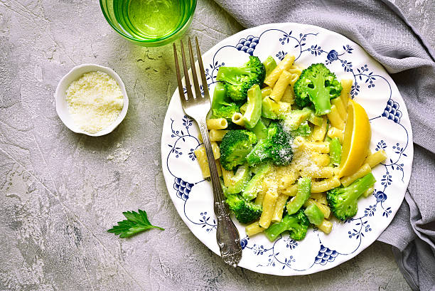 istock Creamy avocado broccoli pasta .Top view. 628085026