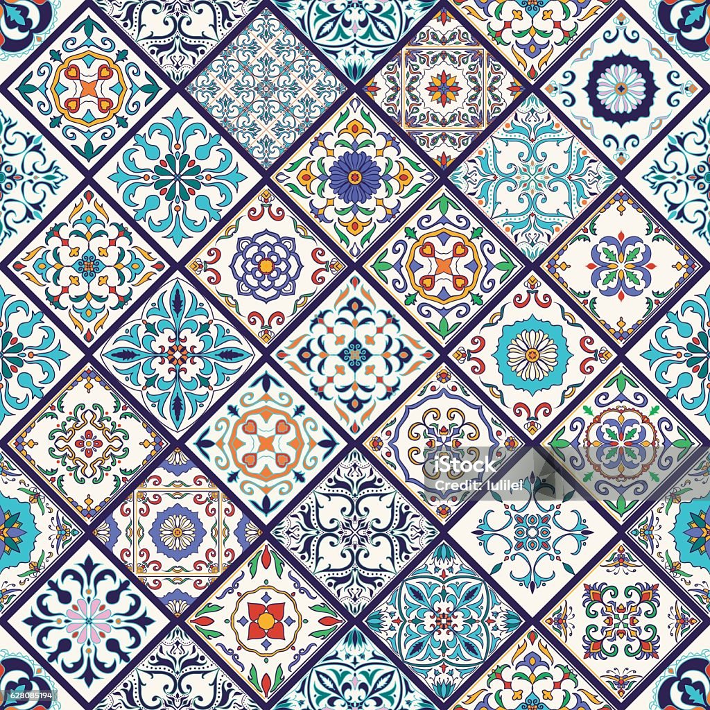 Vector seamless texture. Patchwork pattern with decorative elements Vector seamless texture. Beautiful mega patchwork pattern for design and fashion with decorative elements. Portuguese tiles, Azulejo, Talavera, Moroccan ornaments in rhombus shapes Tiled Floor stock vector