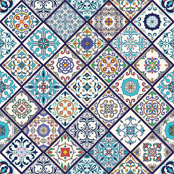 Vector seamless texture. Patchwork pattern with decorative elements Vector seamless texture. Beautiful mega patchwork pattern for design and fashion with decorative elements. Portuguese tiles, Azulejo, Talavera, Moroccan ornaments in rhombus shapes tile patterns stock illustrations