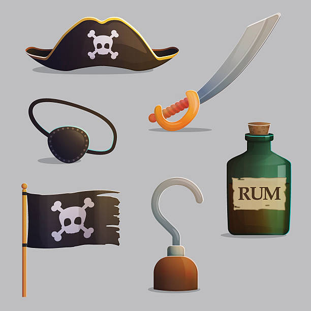 Pirate ship accessories collection Collection of pirate ship accessories and symbols. Cross bones and scull, pirate hat, saber and hand hook. Game and app ui icons. one eyed stock illustrations