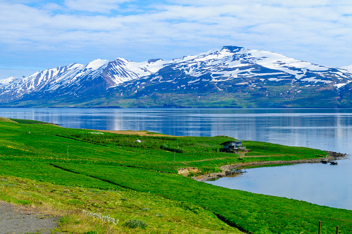 Landscape and countryside along road 82 and the Eyjafjordur fjord. Northern Iceland