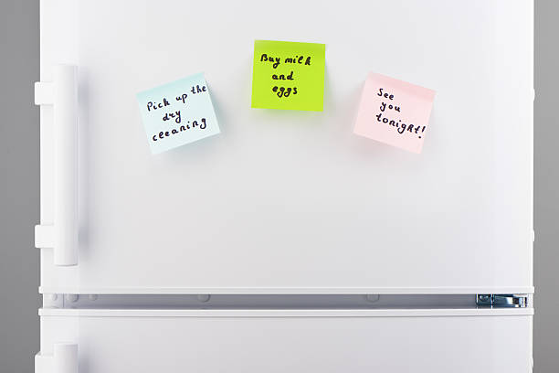 istock Reminder notes on blue, green and pink paper on refrigerator 628087530