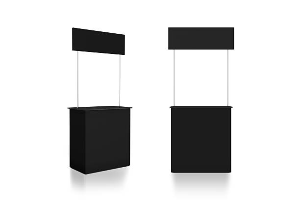 istock Blank black promo counter mockup stand, front and side view, 628088986
