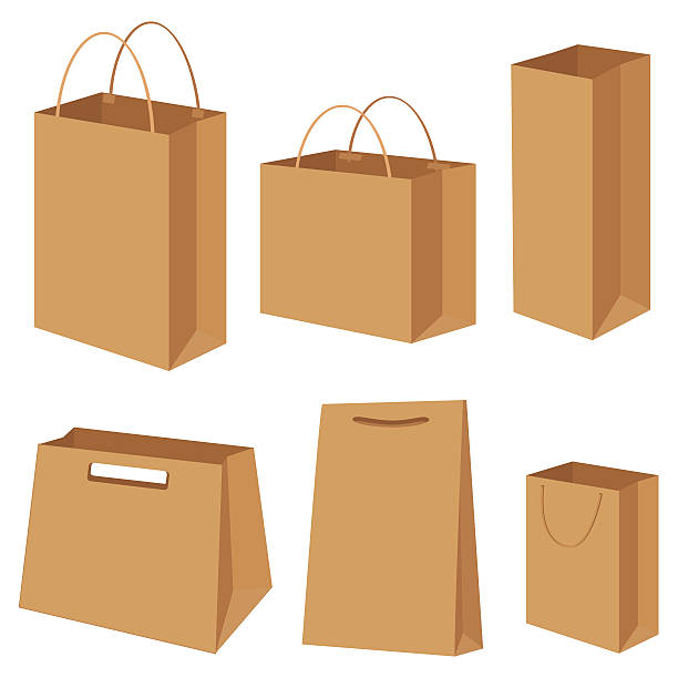 torba pojemnik na papier pudełko pakowania zakupy handlowych zestaw wektor ilustracji - goodie bag stock illustrations
