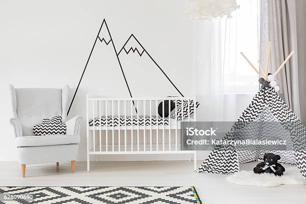 White Baby Room With Cot Stock Photo - Download Image Now - Baby - Human Age, Decoration, Label