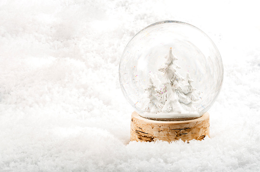 Xmas setting with Christmas tree in the woods snowglobe surrounded by white snow with three pine trees inside the globe and copy space