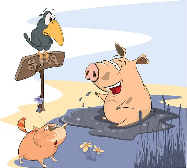 Vector illustration of Illustration of Washing up Pig and Red Cat Cartoon
