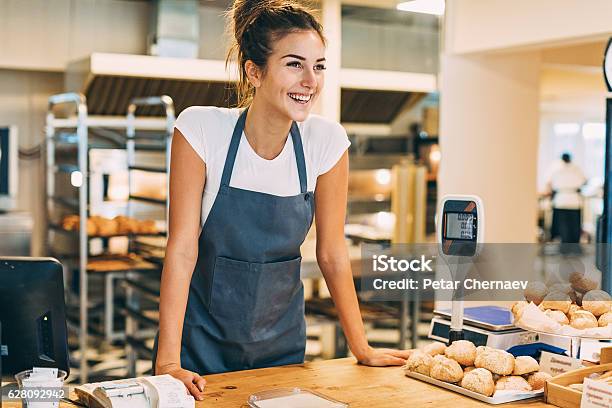 Check Out Counter In The Bakery Stock Photo - Download Image Now - Bakery, Small Business, Owner