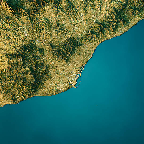 istock Barcelona Topographic Map Natural Color Top View 628094434