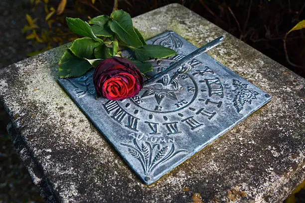 Photo of Red rose lying on a weathered sundial