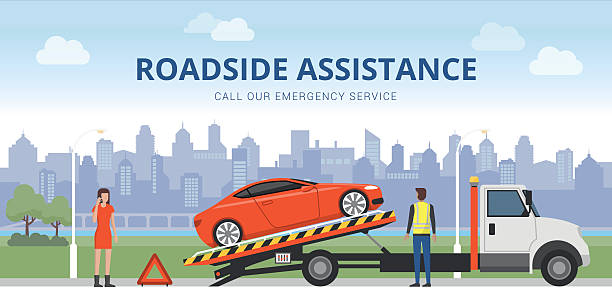 Roadside assistance Roadside assistance and car insurance concept: broken car on a tow truck and woman calling emergency services roadside assistance truck stock illustrations