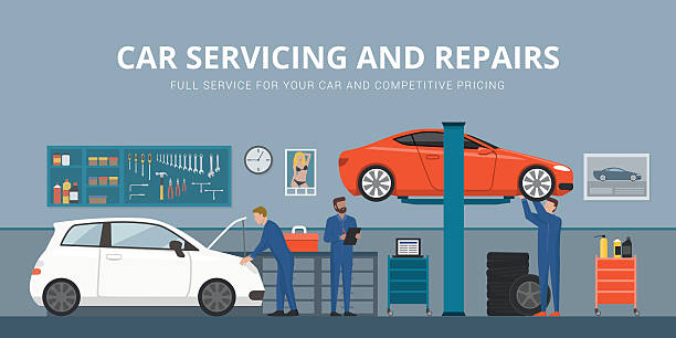 ilustraciones, imágenes clip art, dibujos animados e iconos de stock de auto reparación - auto repair shop illustrations