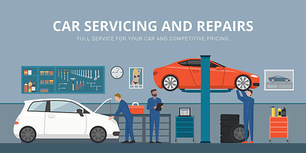 Auto repair Auto repair shop interior with mechanics working and fixing cars, professional service concept mechanic stock illustrations