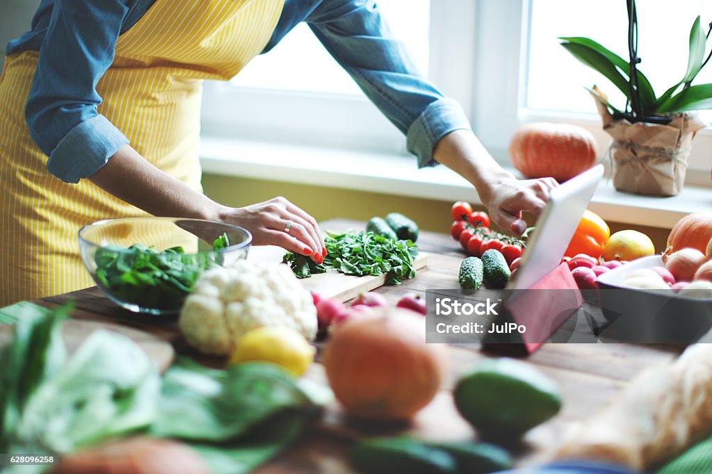 Fresh vegetables Woman cooking Meal Stock Photo