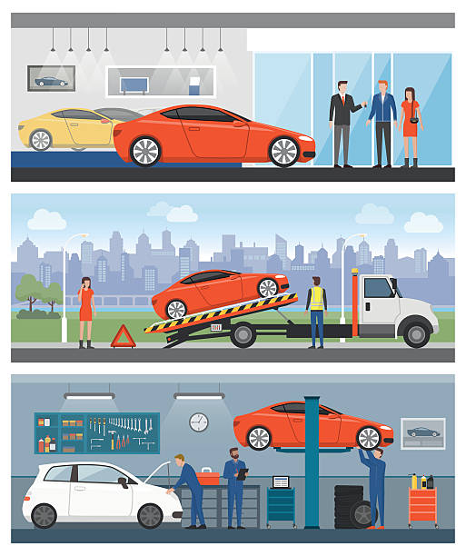 ilustraciones, imágenes clip art, dibujos animados e iconos de stock de servicios de automóviles - car motor vehicle towing repairing