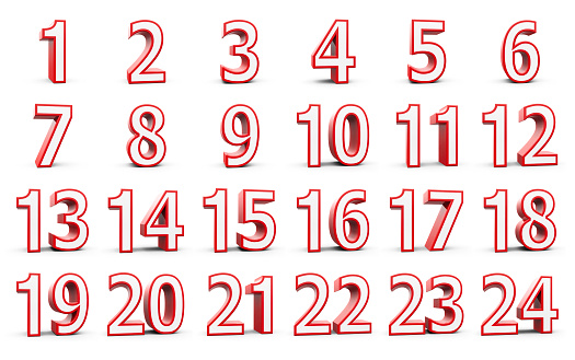 Red numbers set from 1 to 24 - represents christmas calendar - isolated on white background, three-dimensional rendering, 3D illustration
