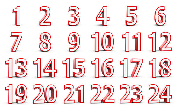 Christmas Calendar Red numbers set from 1 to 24 - represents christmas calendar - isolated on white background, three-dimensional rendering, 3D illustration 12 17 months stock pictures, royalty-free photos & images