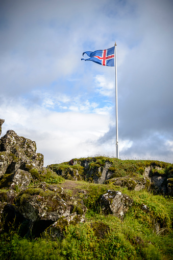 Iceland national flag in the wind on a rock in Thingvellir (Þingvellir) national park