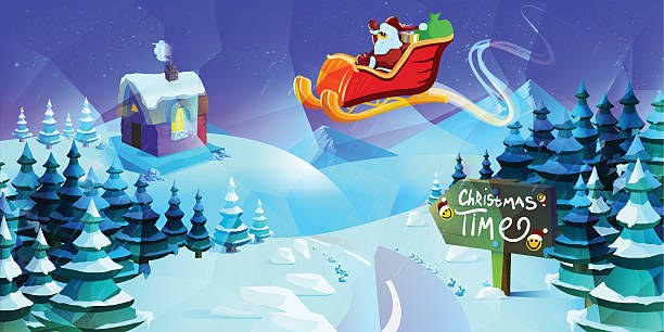 istock trendy modern merry christmas landscape with santa over forest polygonal 628099590