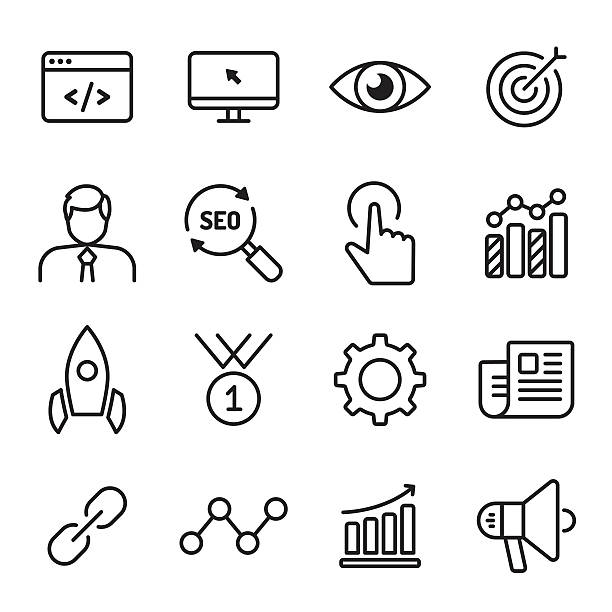 monochrome liniensymbole für internet marketing - search engine marketing white background internet stock-grafiken, -clipart, -cartoons und -symbole