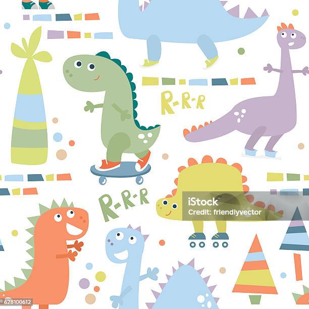 Seamless Pattern With Dinosaur Baby Background For Textile Wrapping Fabric Stock Illustration - Download Image Now