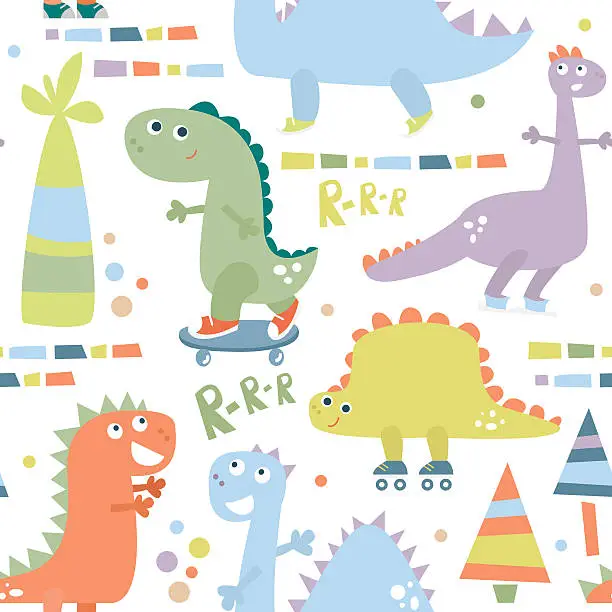 Vector illustration of Seamless pattern with dinosaur. Baby background for textile, wrapping, fabric,