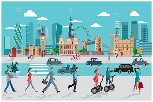 лондон скайлайн и бизнес-люди ходьба - london england urban scene 30 st mary axe city stock illustrations