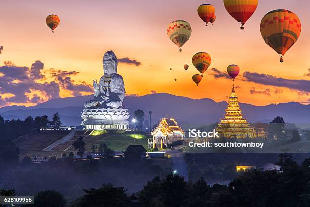 Colorful Hot Air Balloons Flying Over Wat Huay Pla Kang Stock Photo - Download Image Now