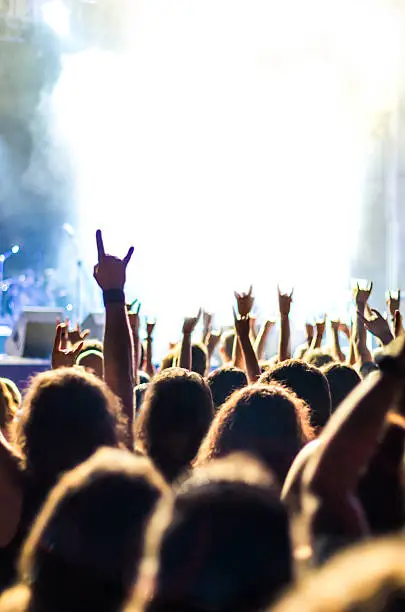 Photo of concert light live people music audience bokeh band hands up