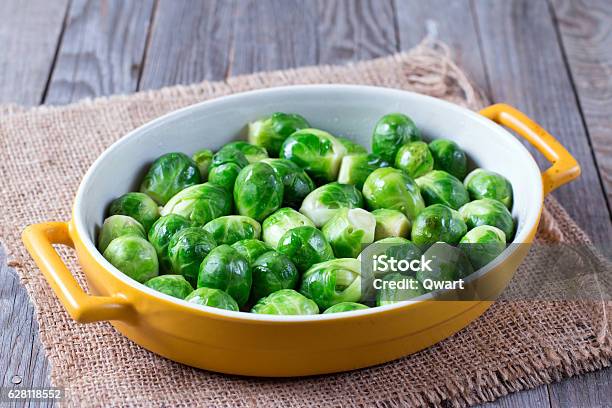 Brussels Sprouts In Baking Dish Stock Photo - Download Image Now - Brussels Sprout, Baked, Baking