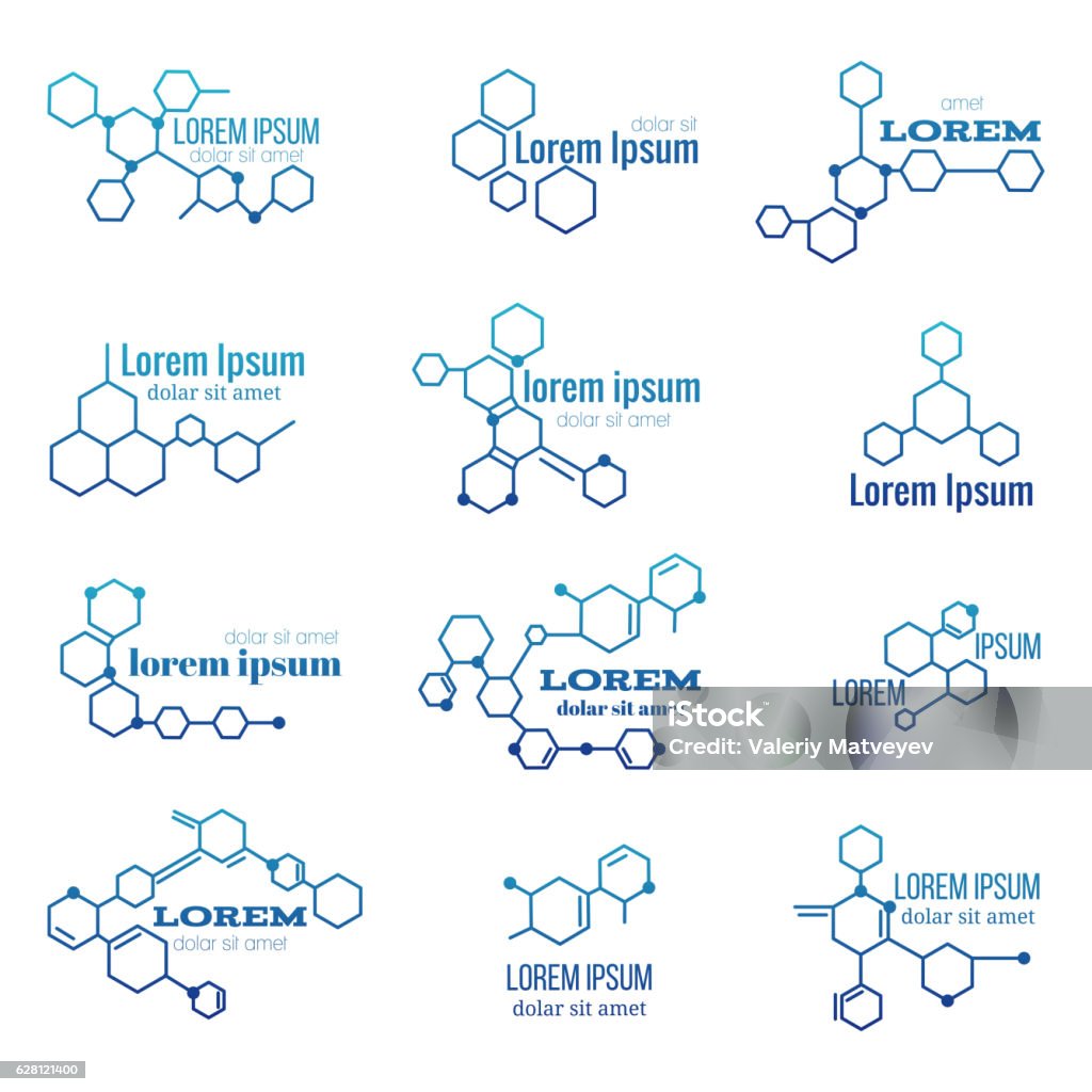 Molecule structure logo or biology model sign vector set Molecule structure logo or biology model sign vector. Set of logo with structure molecule, illustration of logotype molecule for laboratory Molecular Structure stock vector