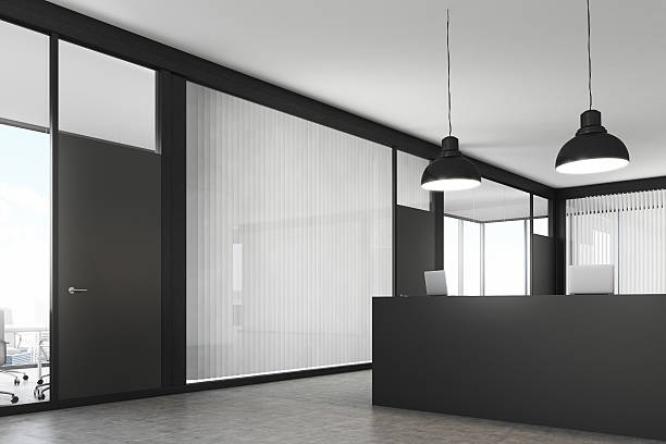 istock Side view of an office lobby with a reception counter 628121530