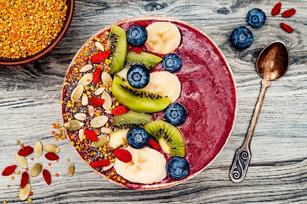 istock Acai breakfast superfoods smoothies bowl with chia seeds, bee pollen 628124746